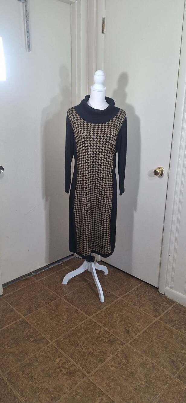 Dark Academia Sweater Dress Black Tan Houndstooth Midi Funnel Neck, Sz. XL